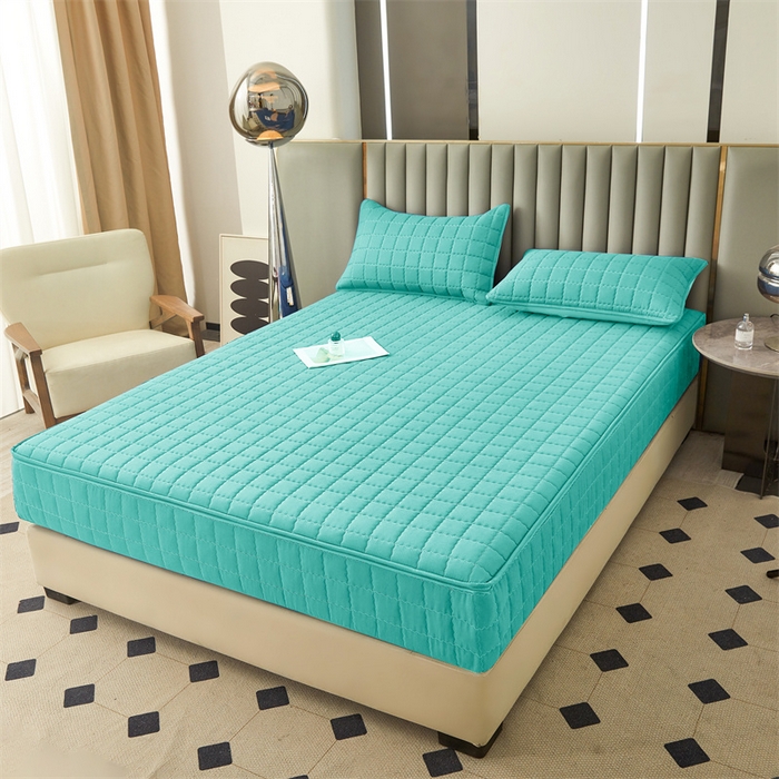 91家纺网 家纺一手货源 找家纺 欧邦 2025新款水洗原棉六面全包夹棉床笠 净水绿