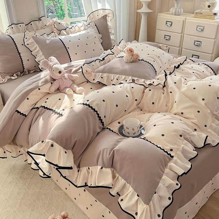 91家纺网 家纺一手货源 找家纺 大麦家纺 2025新款韩式花边亲肤棉四件套 波点