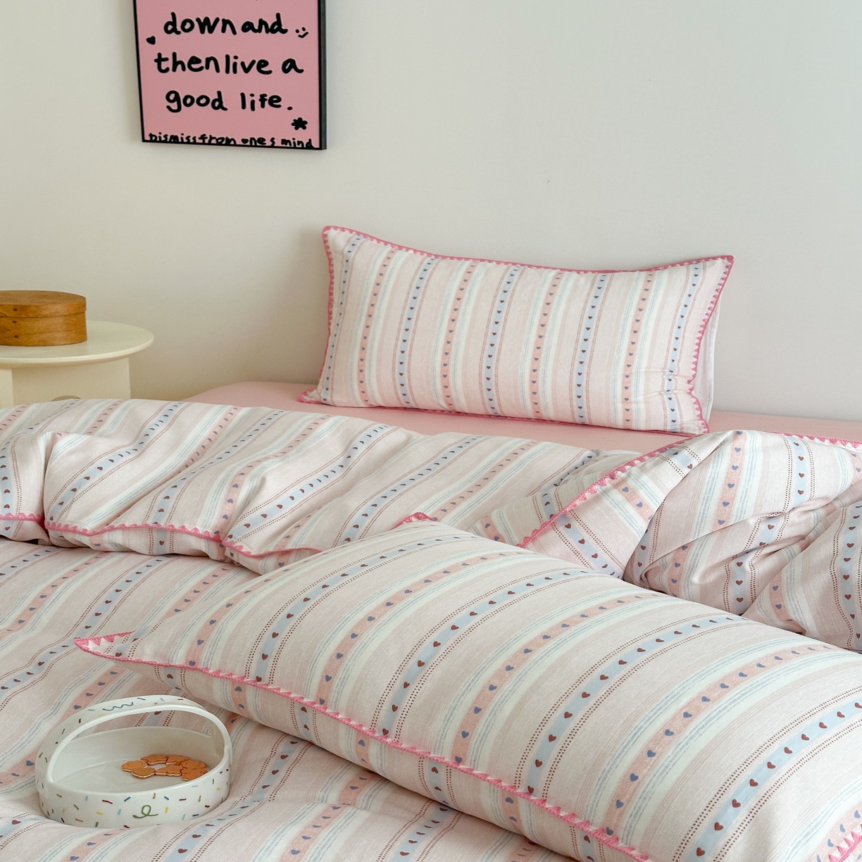 91家纺网 家纺一手货源 找家纺 2025新款工艺款全棉双层纱小清新贝壳边四件套 小心动