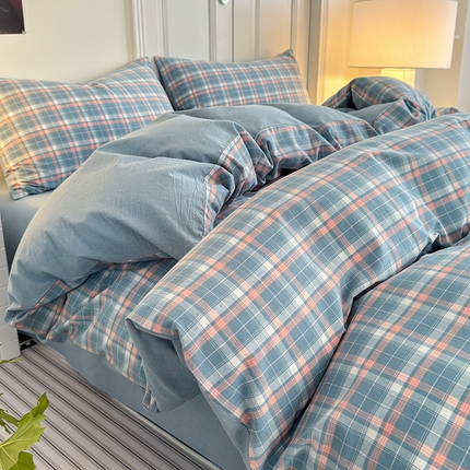 91家纺网 家纺一手货源 找家纺 玖弘家居 2025新款水洗棉格子系列四件套 映像格蓝