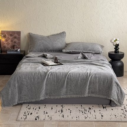 2025新款全棉三层纱提花夏被四件套 竹影-星空灰