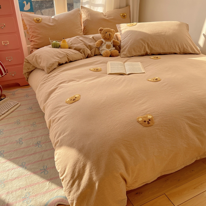 91家纺网 家纺一手货源 找家纺 慕尚家纺 2025新款春夏新款色织水洗棉毛巾绣四件套 嘟嘟熊 咖