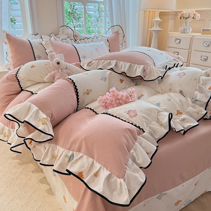 91家纺网 家纺一手货源 找家纺 大麦家纺 2025新款韩式花边亲肤棉四件套 好多鱼