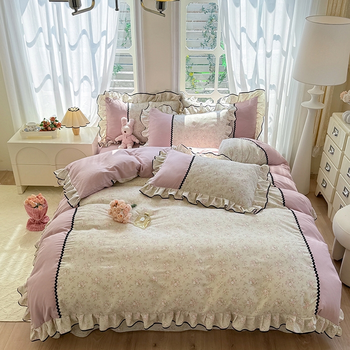 91家纺网 家纺一手货源 找家纺 大麦家纺 2025新款韩式花边亲肤棉四件套 花影