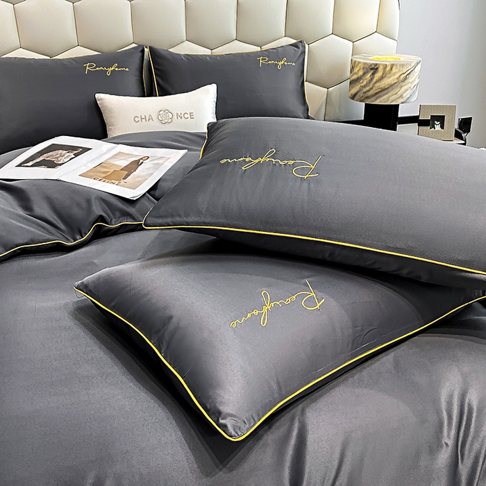 91家纺网 家纺一手货源 找家纺 富宁2025新款水洗真丝时光字母冰丝刺绣四件套 高级灰