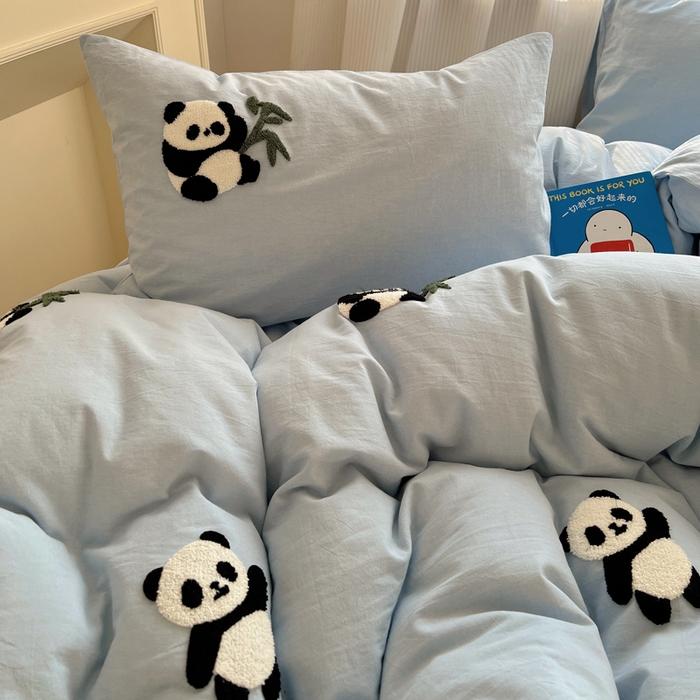 91家纺网 家纺一手货源 找家纺 慕尚家纺 2025新款春夏新款色织水洗棉毛巾绣四件套 熊猫 蓝