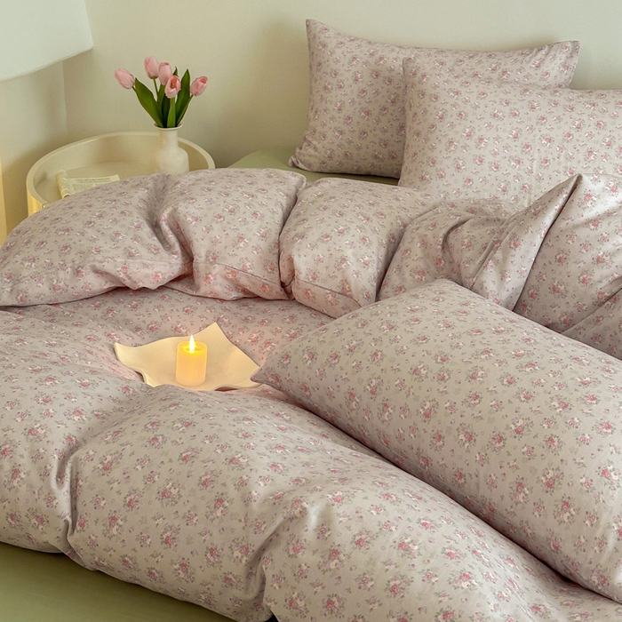 91家纺网 家纺一手货源 找家纺 塞纳 2026新款.全棉有氧双层纱四件套-场景一 醉花颜-浅咖