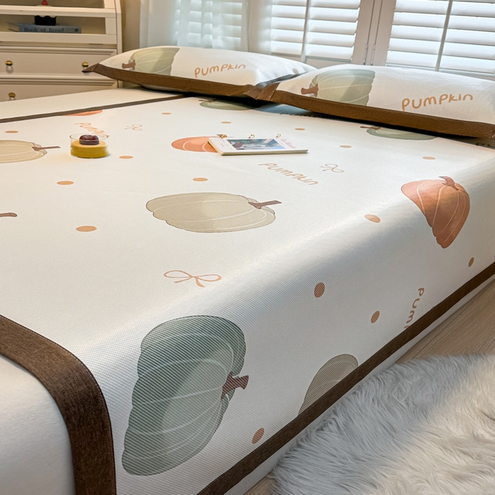 91家纺网 家纺一手货源 找家纺 席佬大 2025新款高克重卡通数码印花冰藤席床席床笠款 波点南瓜-平铺款