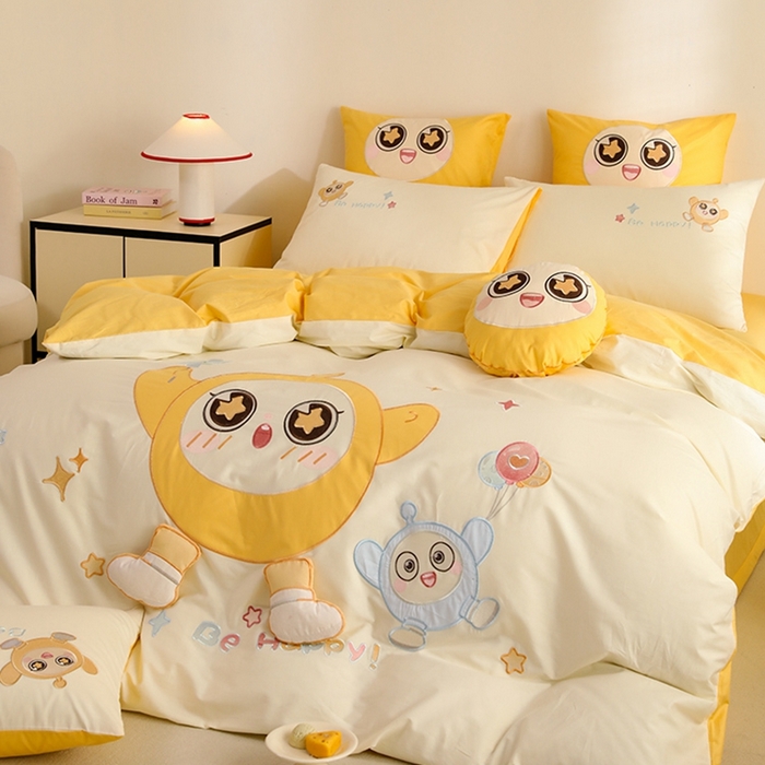 91家纺网 家纺一手货源 找家纺 绒棉世家 2025绒棉世家新款全棉水洗棉贴布绣专版四件套 蛋仔