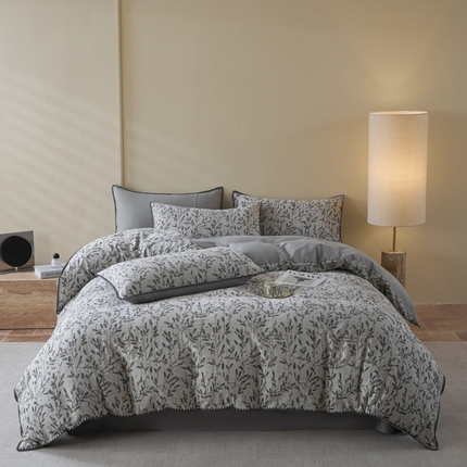 2025新款亲肤全棉三层纱提花四件套 叶语-嫩灰