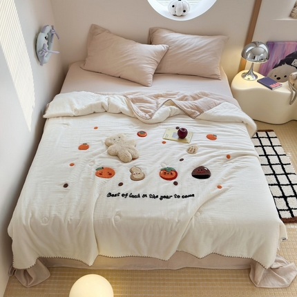 一加一 2025新款全棉双层纱皱皱纱毛巾绣夏被被子被芯 甜甜小丸子