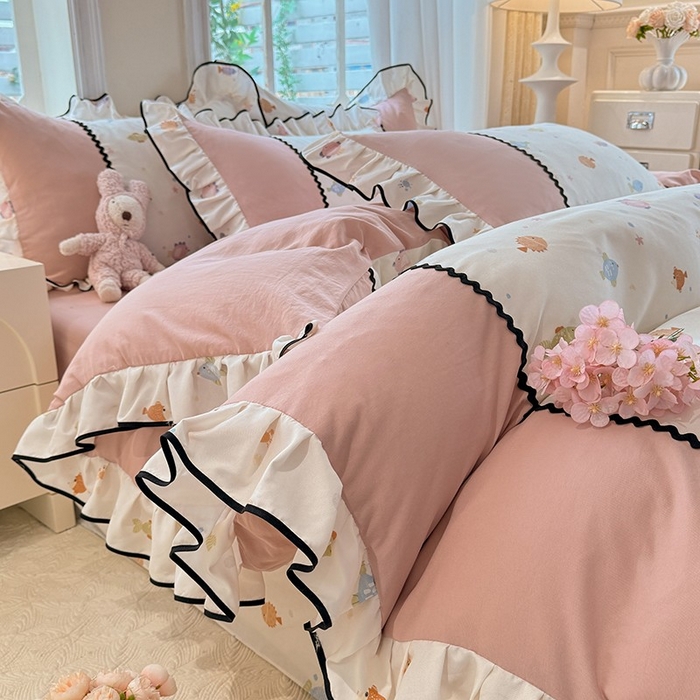 91家纺网 家纺一手货源 找家纺 大麦家纺 2025新款韩式花边亲肤棉四件套 好多鱼