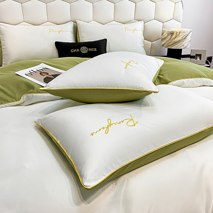 91家纺网 家纺一手货源 找家纺 富宁2025新款水洗真丝时光字母冰丝刺绣四件套 奶油白+绿