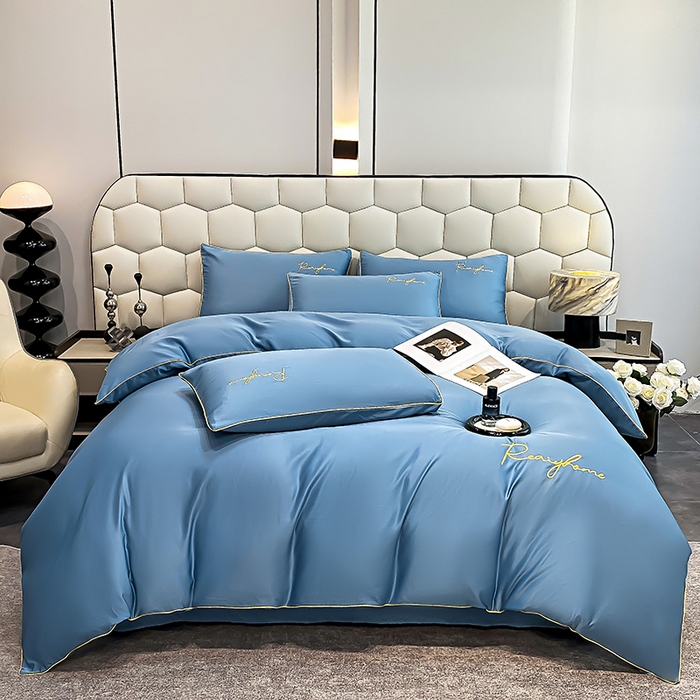 91家纺网 家纺一手货源 找家纺 富宁2025新款水洗真丝时光字母冰丝刺绣四件套 宾利蓝