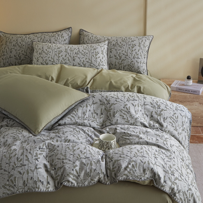 91家纺网 家纺一手货源 找家纺 2025新款亲肤全棉三层纱提花四件套 叶语-兰苕