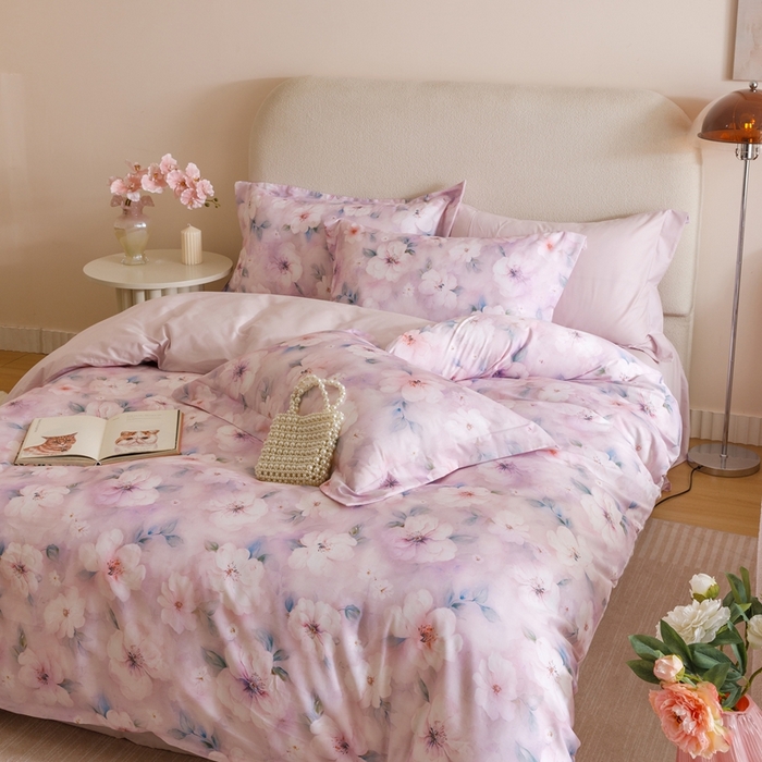 91家纺网 家纺一手货源 找家纺 2025新款全棉纯棉【如梦令】红金裸盖棉四件套【标准号全网控价（折后券后）不低于199元】 紫丁香