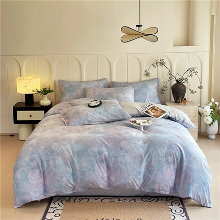 2025新款仿色织提花数码印花水洗棉四件套 隐纱 蓝