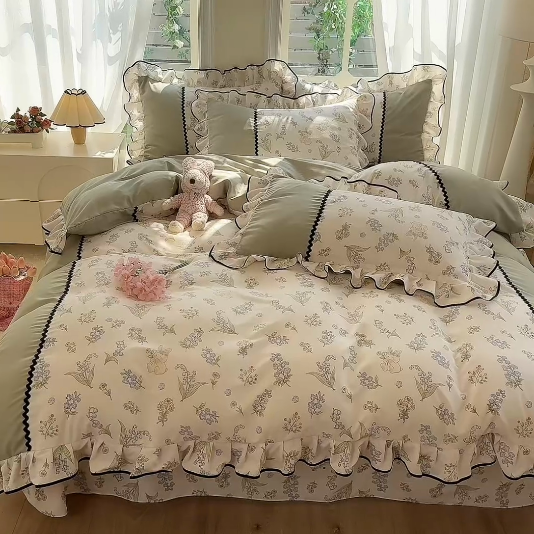 91家纺网 家纺一手货源 找家纺 大麦家纺 2025新款韩式花边亲肤棉四件套 风铃花