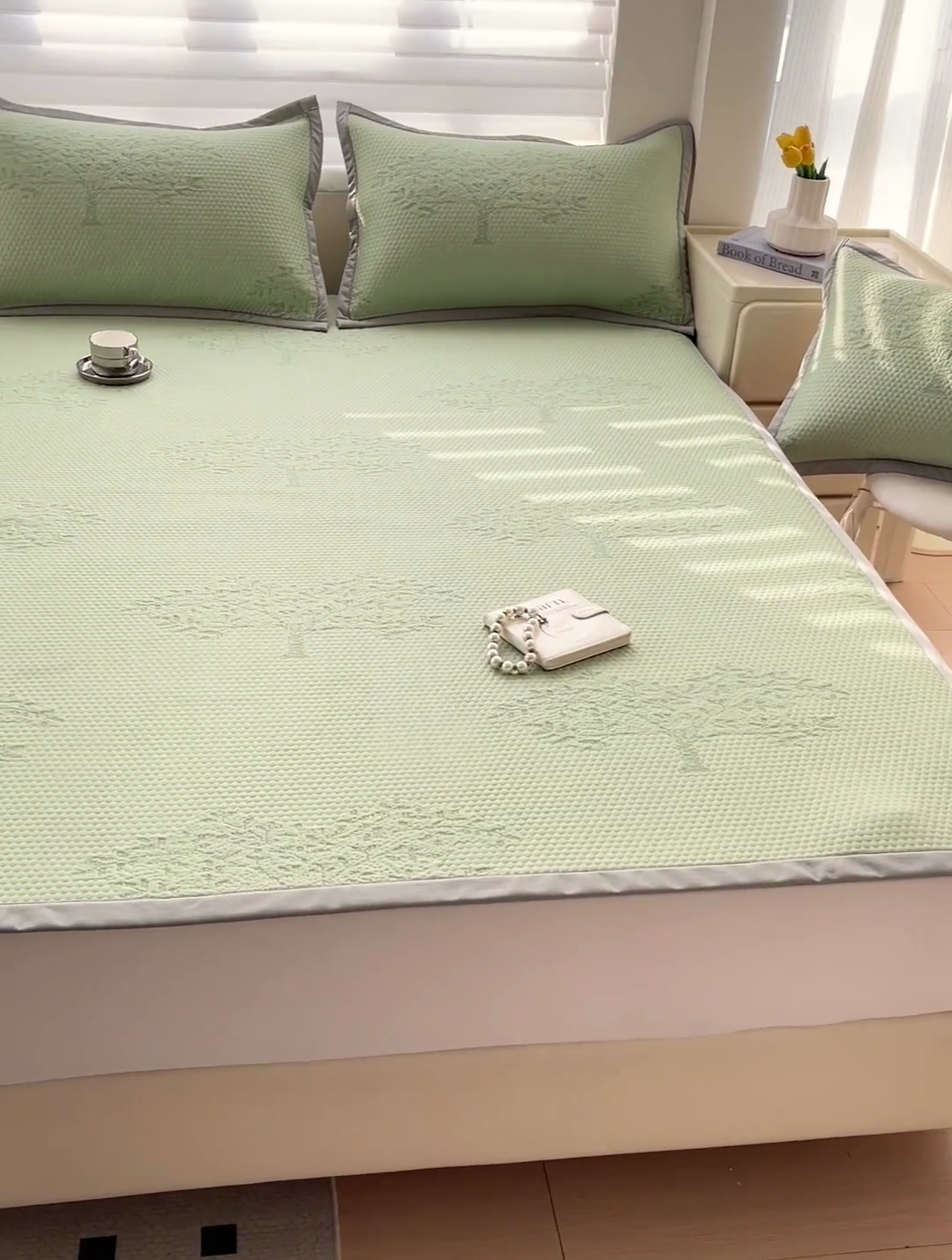 91家纺网 家纺一手货源 找家纺 富馨莱 2025新款A类480克PE凉感凉豆豆凉席三件套和单件平铺款 发财树-绿