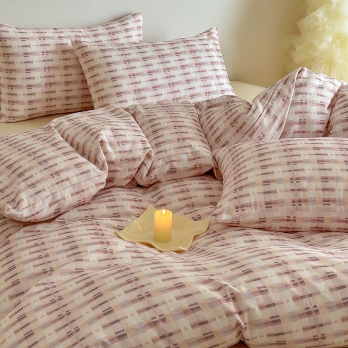 91家纺网 家纺一手货源 找家纺 塞纳 2026新款.全棉有氧双层纱四件套-场景一 云缦-咖