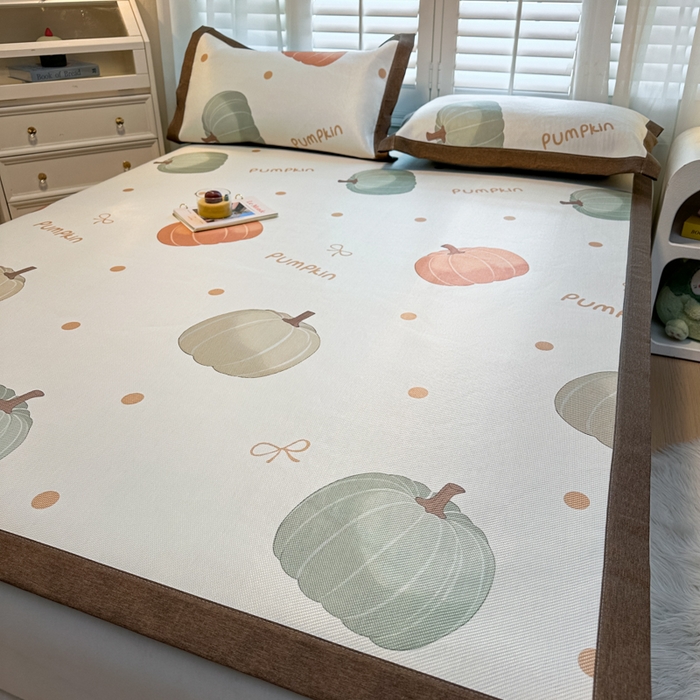 91家纺网 家纺一手货源 找家纺 席佬大 2025新款高克重卡通数码印花冰藤席床席床笠款 波点南瓜-平铺款