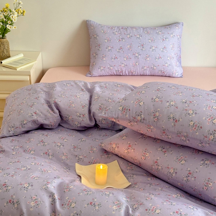 91家纺网 家纺一手货源 找家纺 塞纳 2026新款.全棉有氧双层纱四件套-场景一 汀花里-紫