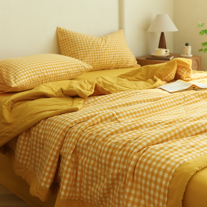 91家纺网 家纺一手货源 找家纺 雯雨家纺 2025新款A类无印风里外全棉纯棉水洗棉新疆棉花夏被夏凉被空调被 黄小格