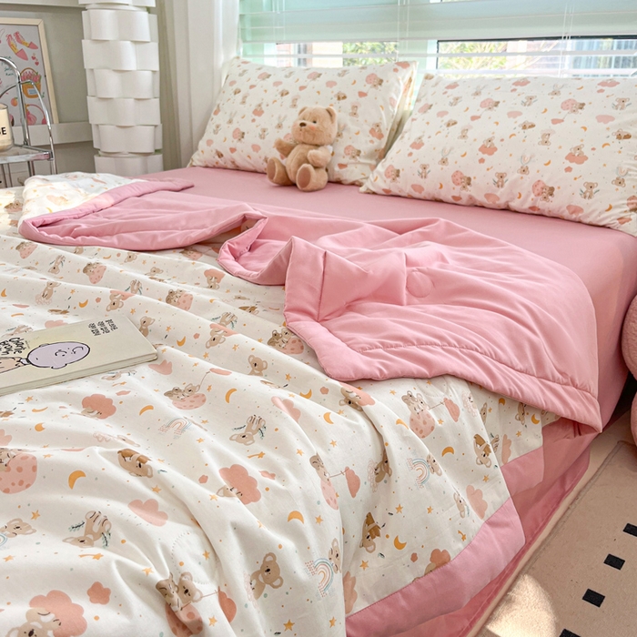 91家纺网 家纺一手货源 找家纺 一加一 2025新款A棉B水洗棉大豆夏被四件套 乖乖熊