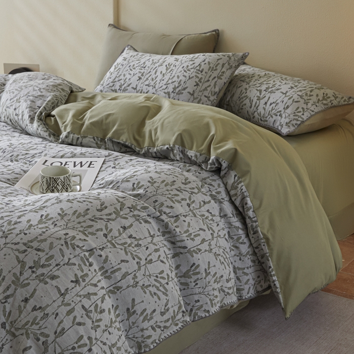 91家纺网 家纺一手货源 找家纺 2025新款亲肤全棉三层纱提花四件套 叶语-兰苕