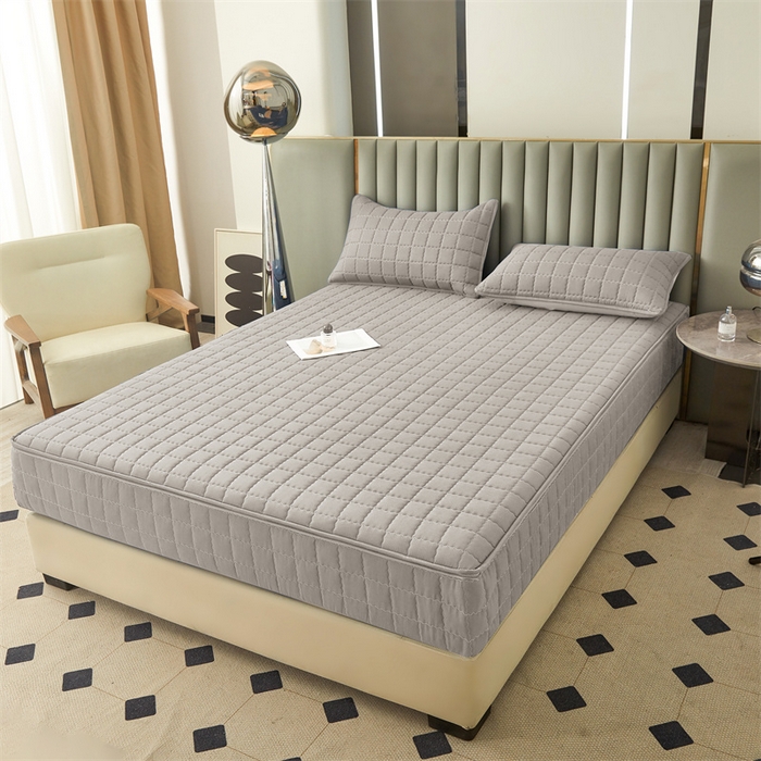 91家纺网 家纺一手货源 找家纺 欧邦 2025新款水洗原棉六面全包夹棉床笠 简雅灰