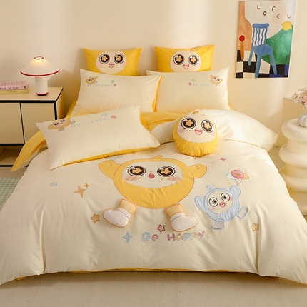 91家纺网 家纺一手货源 找家纺 绒棉世家 2025绒棉世家新款全棉水洗棉贴布绣专版四件套 蛋仔