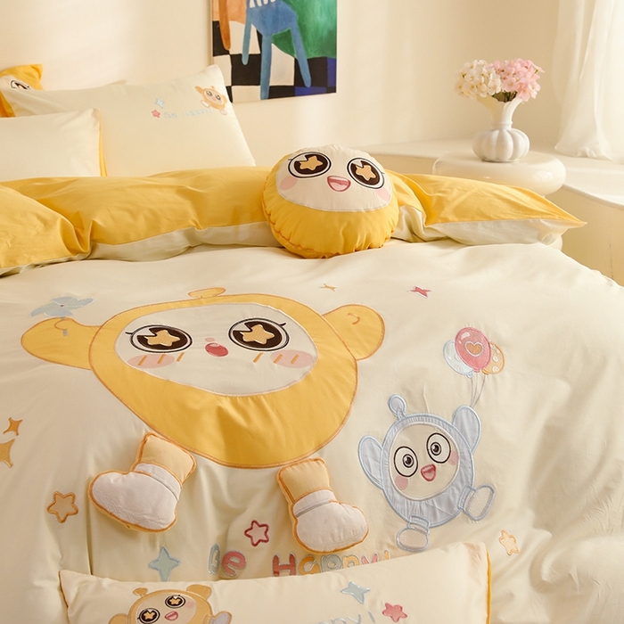 91家纺网 家纺一手货源 找家纺 绒棉世家 2025绒棉世家新款全棉水洗棉贴布绣专版四件套 蛋仔