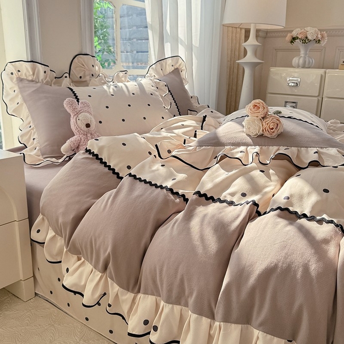 91家纺网 家纺一手货源 找家纺 大麦家纺 2025新款韩式花边亲肤棉四件套 波点