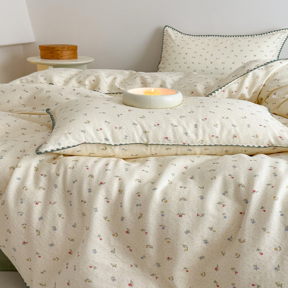 91家纺网 家纺一手货源 找家纺 2025新款工艺款全棉双层纱小清新贝壳边四件套 夏日