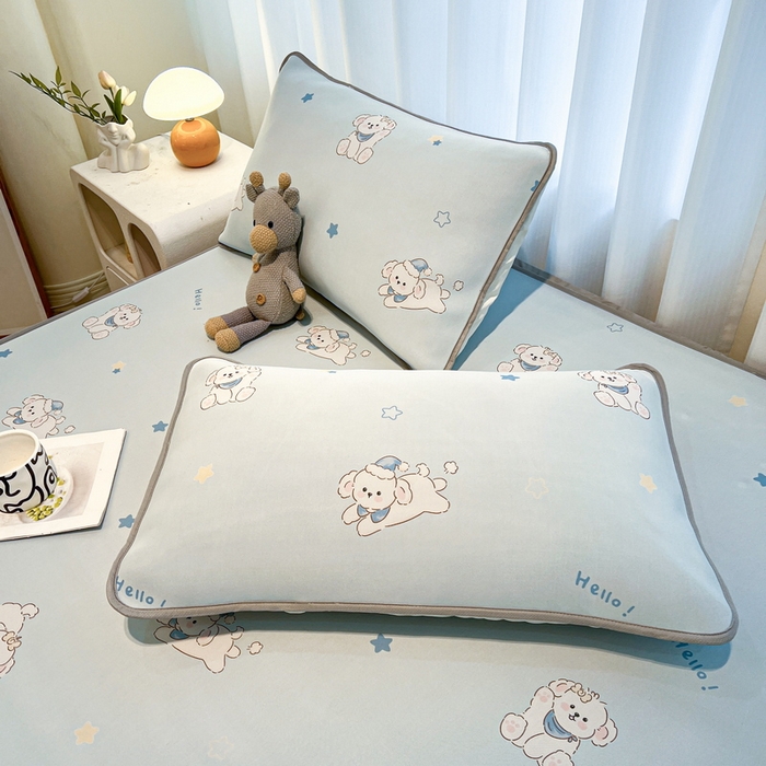 91家纺网 家纺一手货源 找家纺 2025春夏新款独家研发太空层凉感软席冰丝印花凉席床笠款 小奶狗