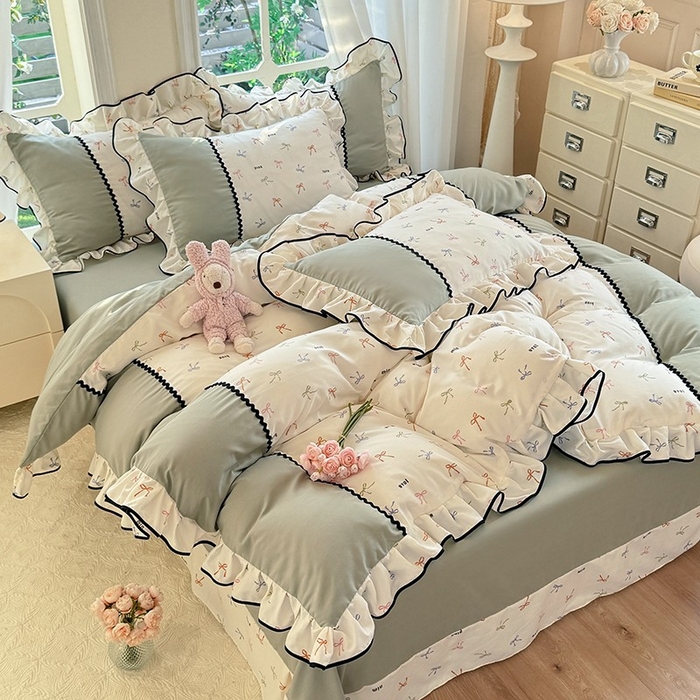 91家纺网 家纺一手货源 找家纺 大麦家纺 2025新款韩式花边亲肤棉四件套 蝴蝶结