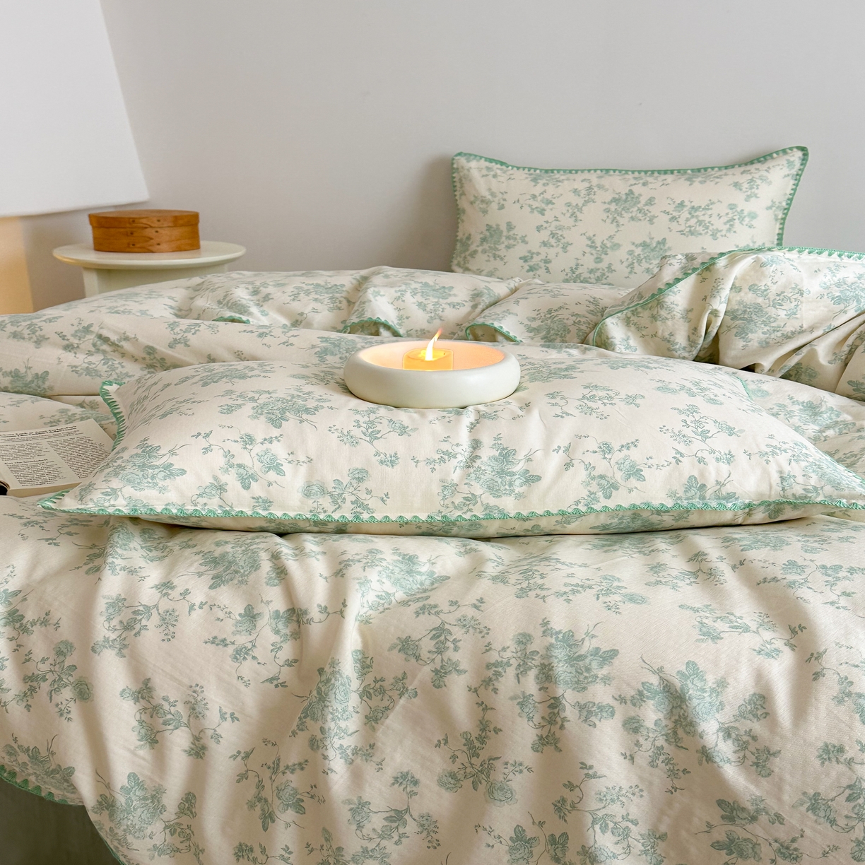 91家纺网 家纺一手货源 找家纺 2025新款工艺款全棉双层纱小清新贝壳边四件套 梨漫