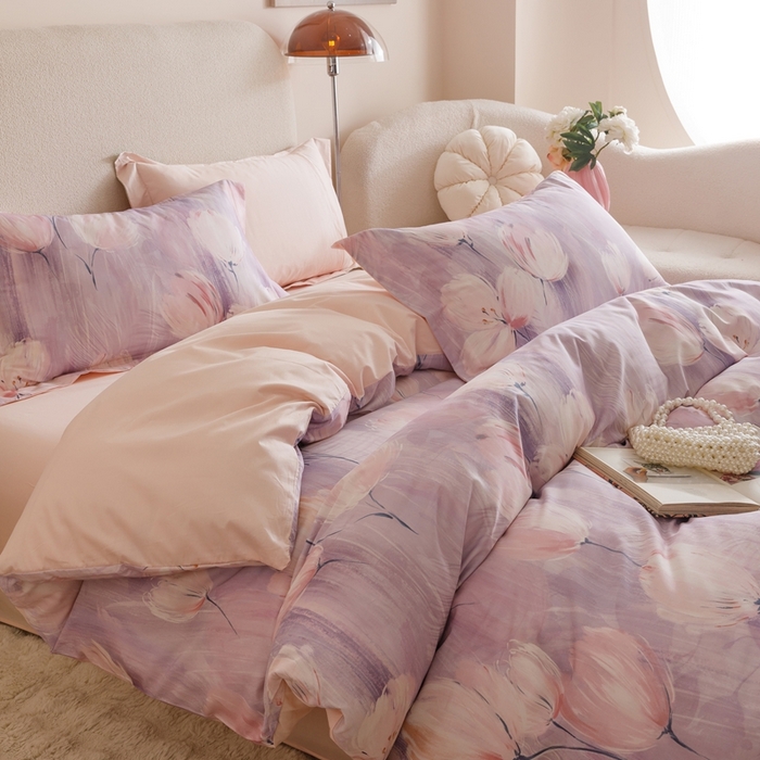 91家纺网 家纺一手货源 找家纺 2025新款全棉纯棉【如梦令】红金裸盖棉四件套【标准号全网控价（折后券后）不低于199元】 紫锦柔蔓