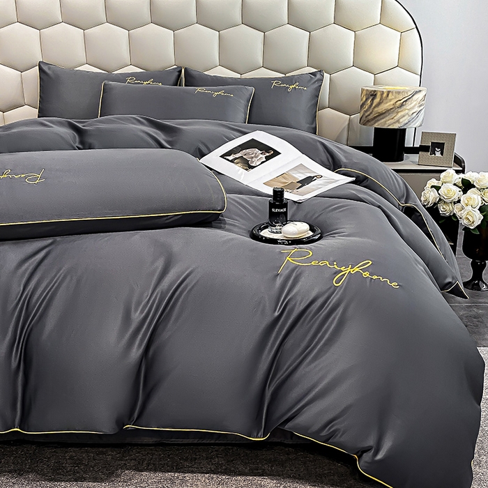 91家纺网 家纺一手货源 找家纺 富宁2025新款水洗真丝时光字母冰丝刺绣四件套 高级灰