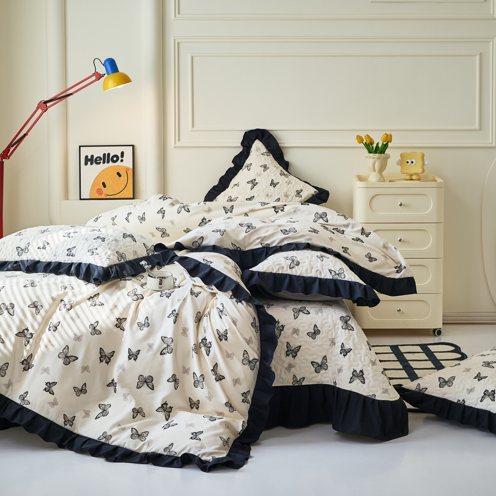 91家纺网 家纺一手货源 找家纺 （总）蝶帕家纺 2025新款法式赫本风韩版花边水洗棉床盖四件套