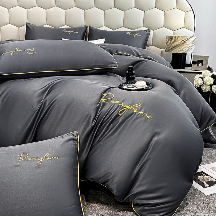 91家纺网 家纺一手货源 找家纺 富宁2025新款水洗真丝时光字母冰丝刺绣四件套 高级灰