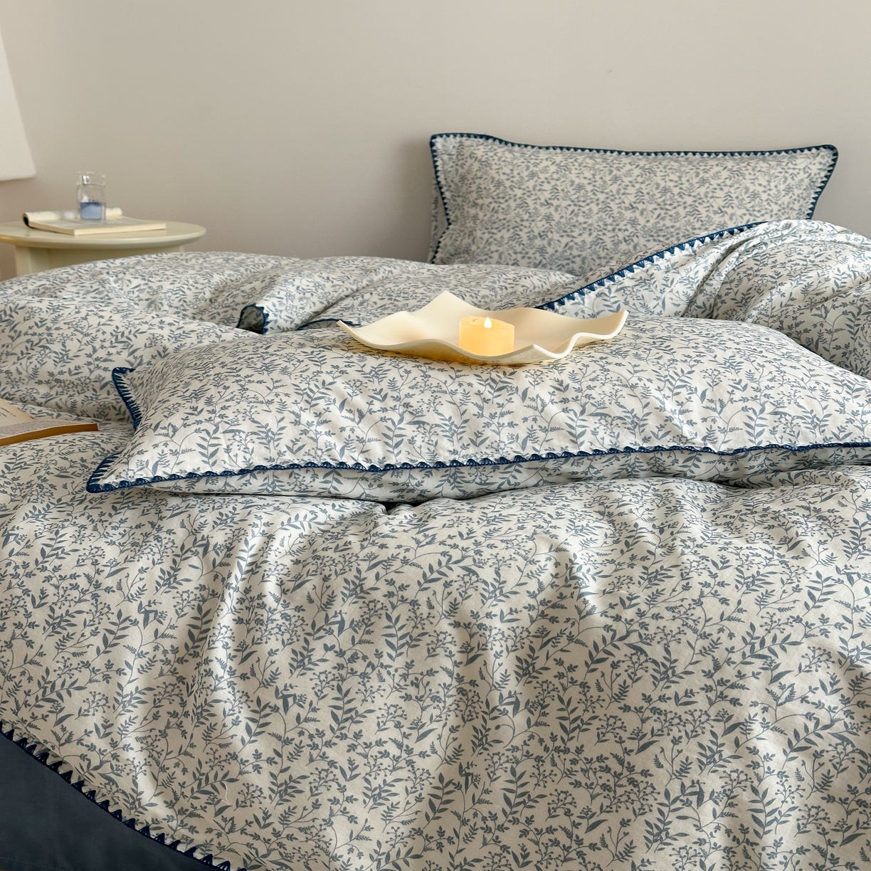 91家纺网 家纺一手货源 找家纺 2025新款工艺款全棉双层纱小清新贝壳边四件套 涟漪