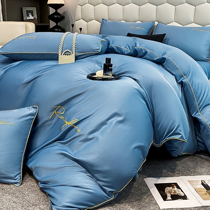 富宁2025新款水洗真丝时光字母冰丝刺绣四件套 宾利蓝