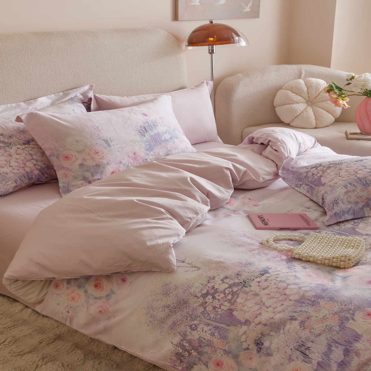 91家纺网 家纺一手货源 找家纺 2025新款【如梦令】红金裸盖棉四件套（标准号 全网控价） 花满溪