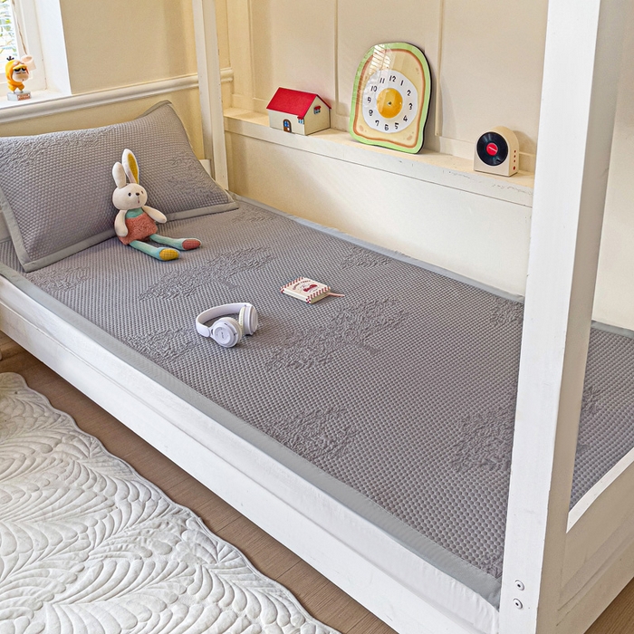 91家纺网 家纺一手货源 找家纺 富馨莱 2025新款A类480克PE凉感凉豆豆凉席三件套和单件学生款 发财树-灰