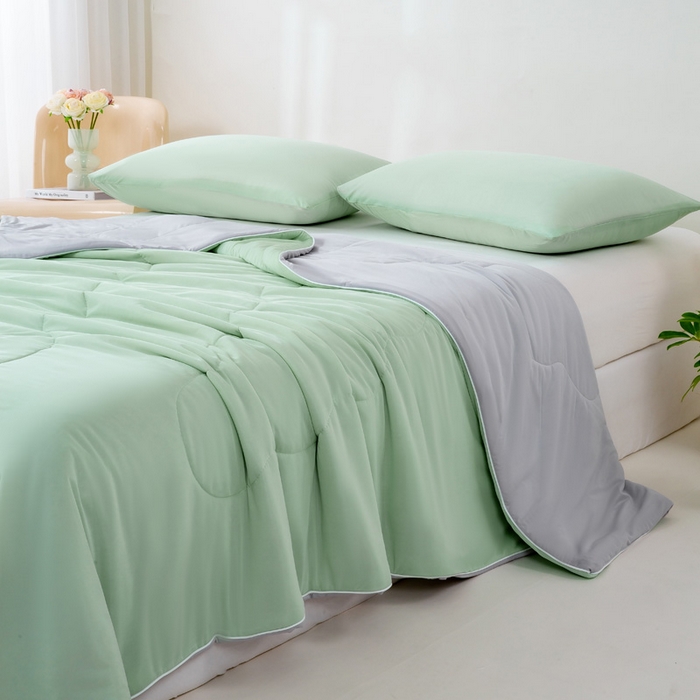 91家纺网 家纺一手货源 找家纺 好梦来家纺（原锦茂家纺） 2026新款印花凉感丝抗菌夏被 绿拼灰