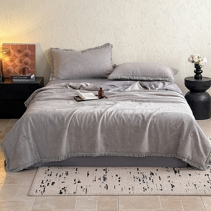 2025新款全棉三层纱提花夏被四件套 竹影-灰紫