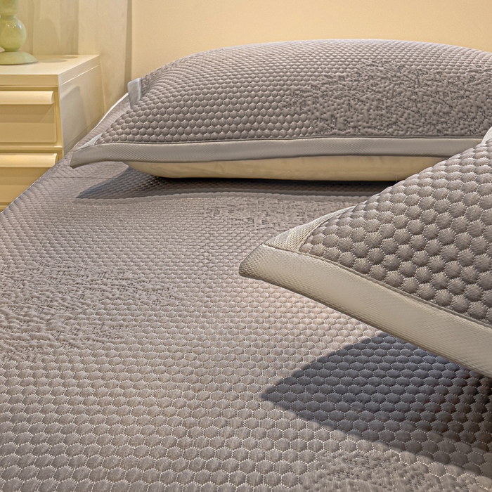 91家纺网 家纺一手货源 找家纺 富馨莱 2025新款A类480克PE凉感凉豆豆凉席三件套和单件床笠款 发财树-灰