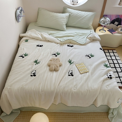 一加一 2025新款全棉双层纱皱皱纱毛巾绣夏被被子被芯 熊猫派对