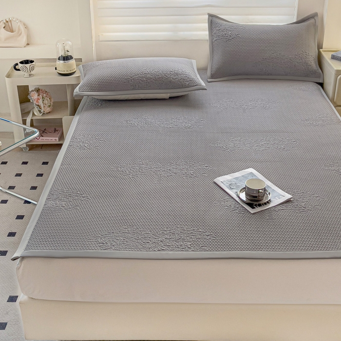 91家纺网 家纺一手货源 找家纺 富馨莱 2025新款A类480克PE凉感凉豆豆凉席三件套和单件平铺款 发财树-灰